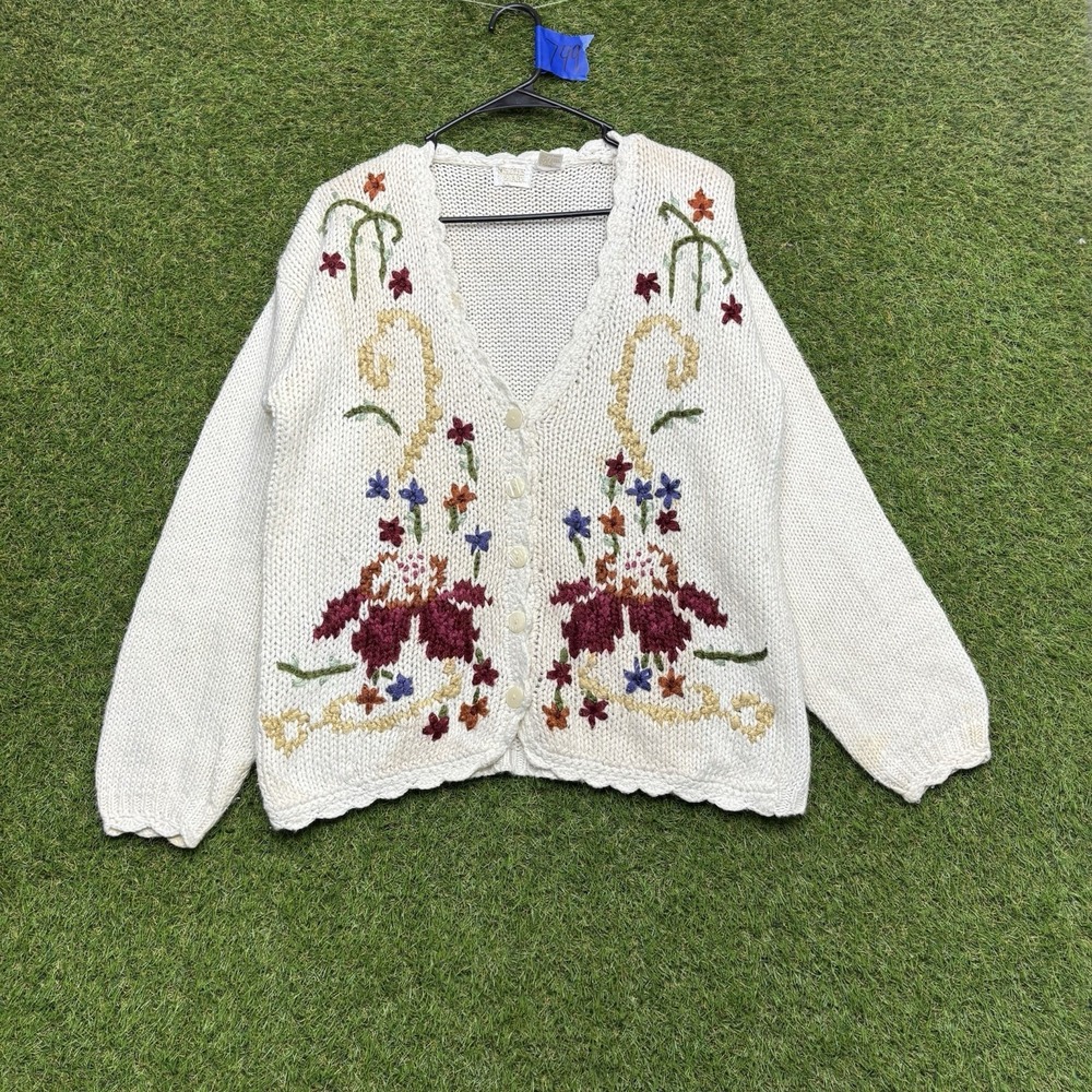 Vintage Needles & Yarn Cardigan Sweater Womens Medium Floral Chunky Knit 90s